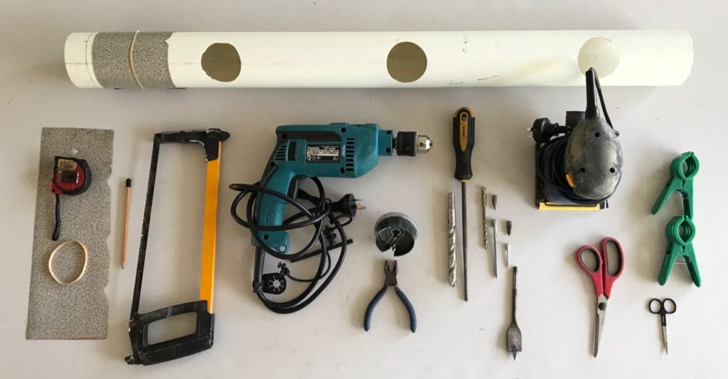 Most of the tools needed to build the wicking beds laid out on a table